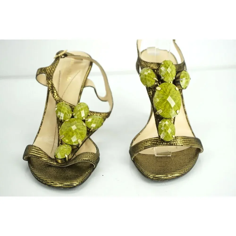 Kate Spade Lydia Green Metallic Strappy Jem T Strap Sandals Size 5.5 Ankle $298